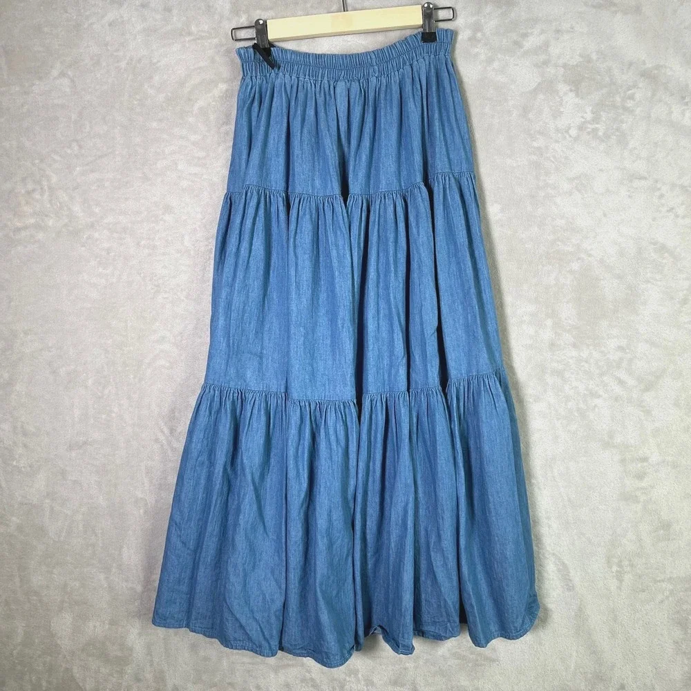 Vtg On The Verge Skirt Womens S Chambray Tiered Prairie Beach Cowgirl Boho USA